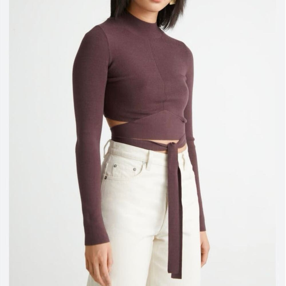 & Other Stories Brown Cropped Lace Up Mock Neck Sweater Top (Small)